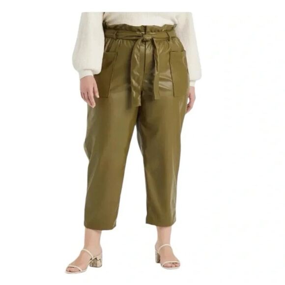 Who What Wear Pants - Who What Wear Olive Green Ankle Pants Belted Faux-Leather Paper Bag Trouser 16